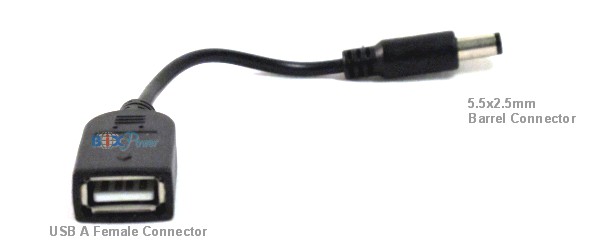 USB Port to 5.5x2.5mm Male Connector